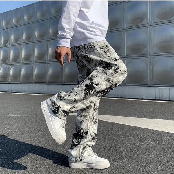 Mens Fashion Printed jeans Spring 2023 Mopping Trousers Jeans Korean Style High Street Loose Hip Hop Wide-leg Jean Pants