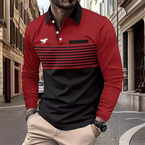 Men's Rugby Polo Shirts Casual Sports Lapel Classic Long Sleeve Fashion Basic Color Block Stripe Fall Winter Regular Fit