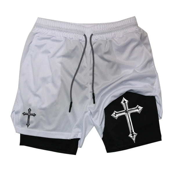 Cross Print 2 in 1 Workout Running Shorts for Men Christian Gym Athletic Shorts with Compression Liner Phone Pocket Towel Loop