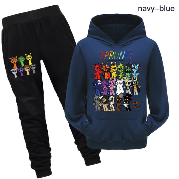 Cute Sprunki Cartoon Clothes Set for Kids Game Incredibox Hoodie Children Fall Hooded Sweatshirts Pants 2pcs Set Boys Outfits