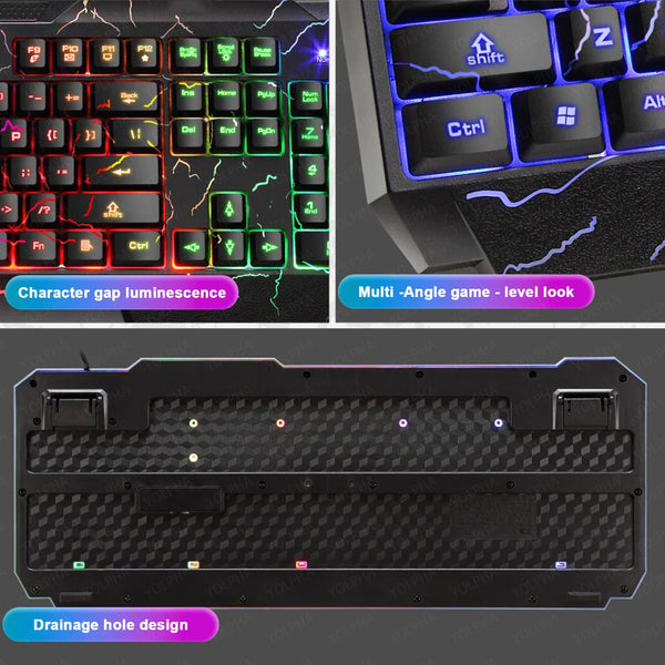 Crack Rainbow Glow Gaming Keyboard& Mouse Set with Backlight Luminous Gaming Peripheral Ergonomic Mechanical Feel Keyboard Mouse