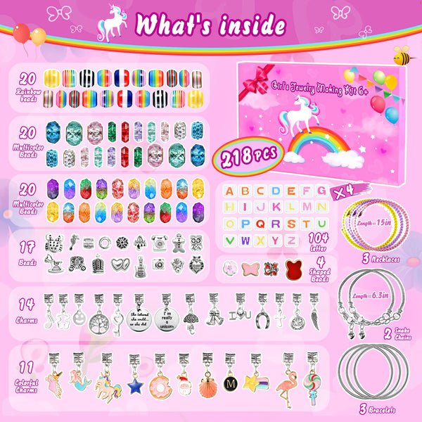 218 Pcs DIY Girls Charm Bracelet Necklaces Making Kit for Kids Jewelry Unicorn Supplies Make Creativity Art Craft Set