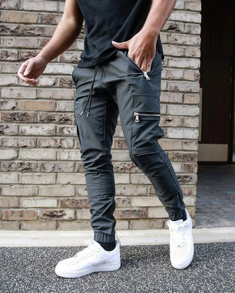 Men's casual overalls spring and autumn new drawstring fashion personality zipper pocket small foot pencil pants long pants