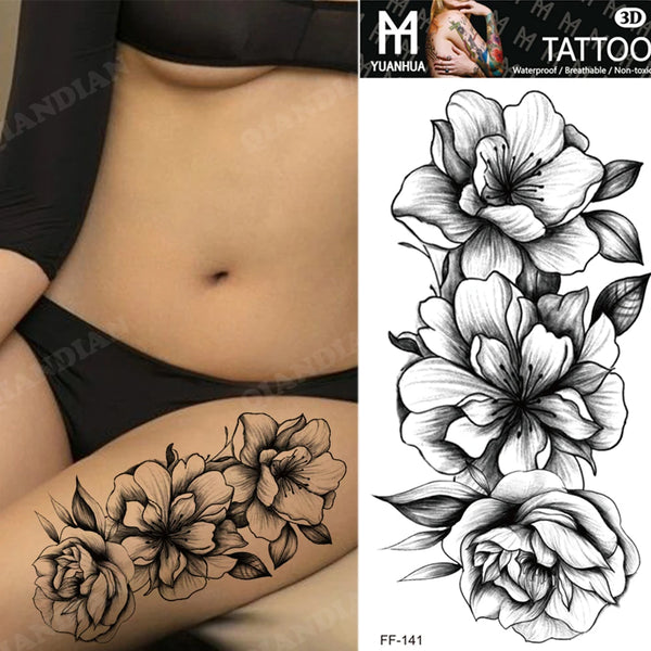 Black Flower Temporary Tattoos Sticker Arm Sleeve Rose Moon Butterfly Snake Henna Body Decorate Realistic Fake 3D Women Totem