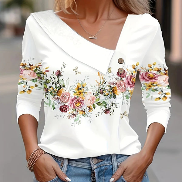 T Shirt For Women Fashion Long Sleeve Top White Floral Print Shirts And Blouses Autumn Winter Clothes For Women