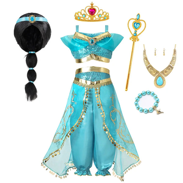 Jasmine Princess Dress for Girls Birthday Party Carnival Cosplay Aladdin Magic Lamp Costume Kids Vestidos Set Outfits Clothing