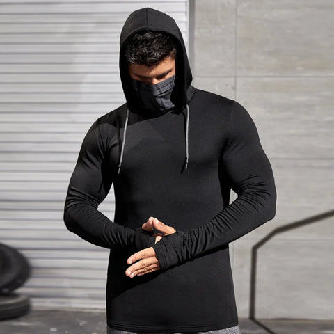 New Men Gym Thin Hoodie Long Sleeve Hoodies with Mask Sweatshirt Casual Splice Large Mask Hoodie Sweatshirt Hooded Tops Cycling