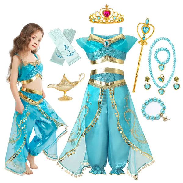 Jasmine Princess Dress for Girls Birthday Party Carnival Cosplay Aladdin Magic Lamp Costume Kids Vestidos Set Outfits Clothing