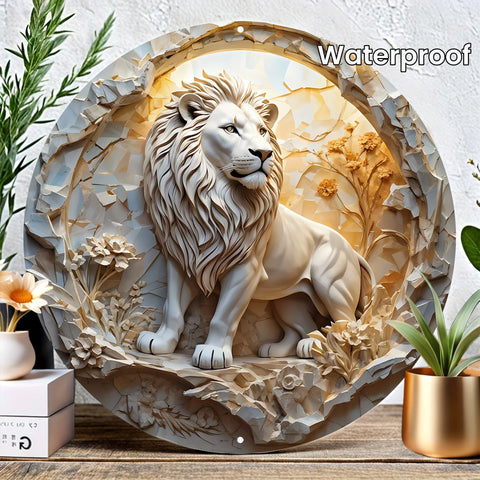 Lion Metal Wall Art Sign - 8" Round Aluminum Vintage Lion Theme Decor - Waterproof Home Bar Camping Bathroom Door