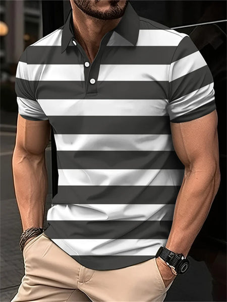 2024 New men's short sleeved 3D digital printing summer lapel contrasting striped polo shirt for men's business and leisure top