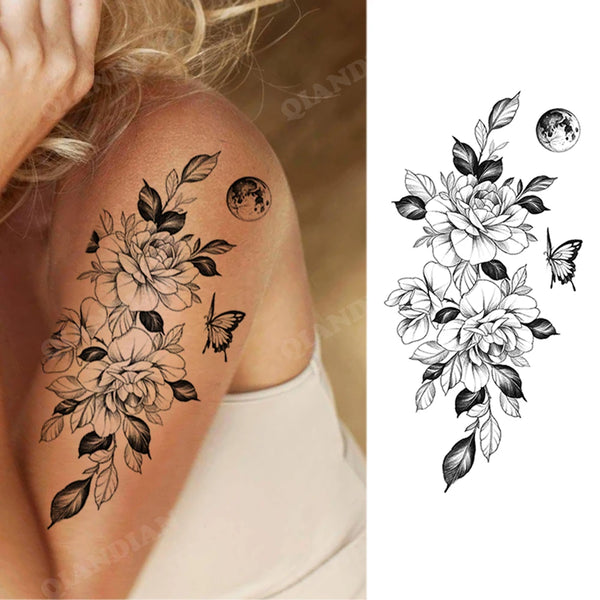 Black Flower Temporary Tattoos Sticker Arm Sleeve Rose Moon Butterfly Snake Henna Body Decorate Realistic Fake 3D Women Totem