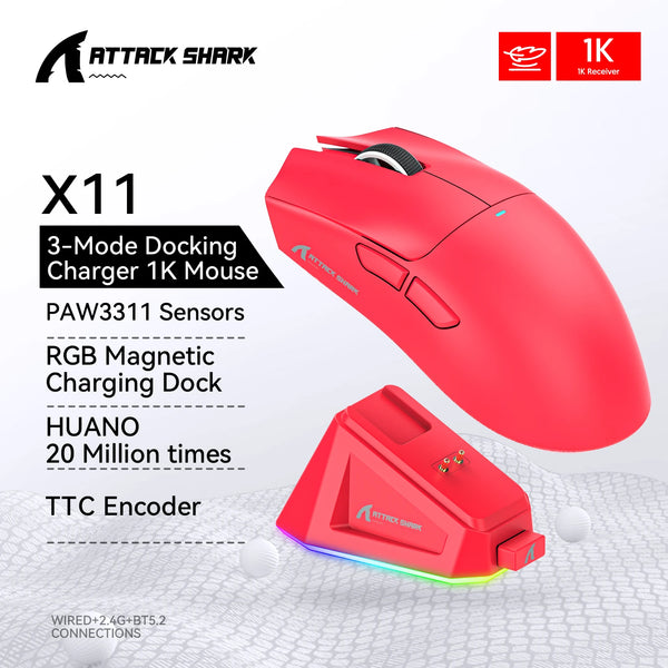 Attack Shark X11  Bluetooth Wireless Mouse Three Mode 2.4G PAW3311  RGB  PC Magnetic charging dock ,Gaming E-sports Mouse