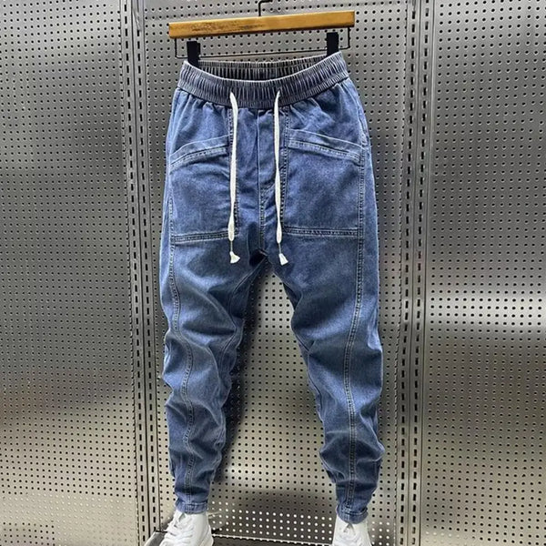 Spring Autumn Men Jeans Elastic Drawstring Waist Pockets Denim Trousers Solid Color Casual Cargo Harem Pants Men's Clothing