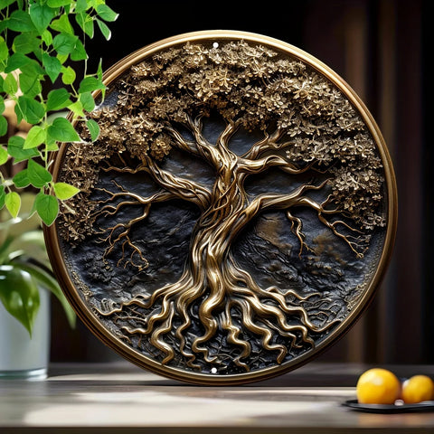 Vintage "Aged Tree" Round Metal Aluminum Wall Art, Digital Spray Vintage Decorative Plaque Cafes, Man Caves Offices, Garages