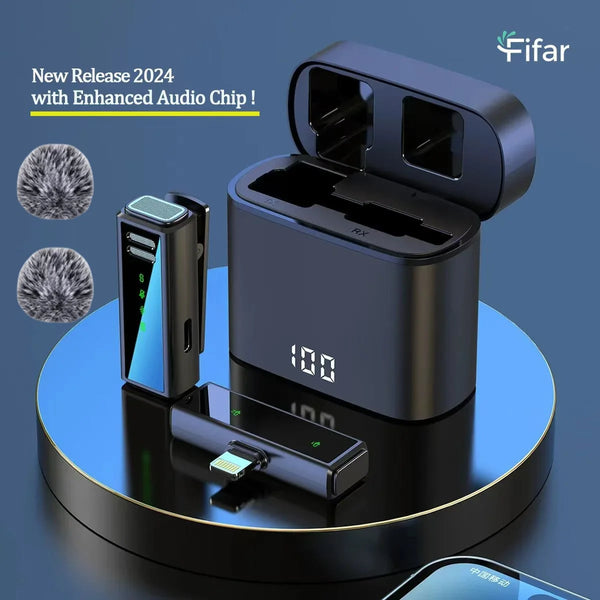 FIFAR Wireless Lavalier Lapel Microphone Portable Noise Reduction Audio Recording For iPhone Android PC With Charging Box