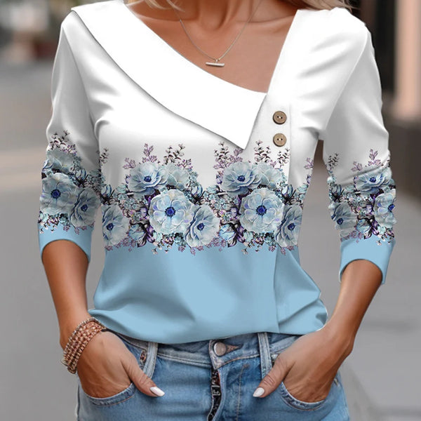 T Shirt For Women Fashion Long Sleeve Top White Floral Print Shirts And Blouses Autumn Winter Clothes For Women