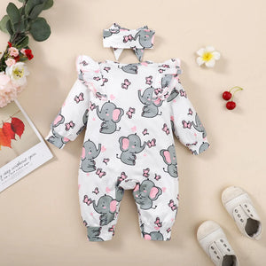 Baby Girl Romper Long Sleeve Cute Elephant Bodysuit+Headband Casual Bodysuit for Toddler Girl 0-18Months Clothes