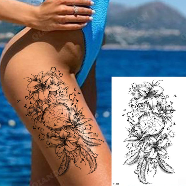 Black Flower Rose Waterproof Temporary Bird Snake Sexy Body Arm Leg Gem Henna Tattoo Fashion Big Fake Sleeve Sticker