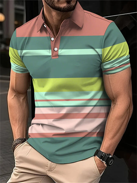 2024 New men's short sleeved 3D digital printing summer lapel contrasting striped polo shirt for men's business and leisure top