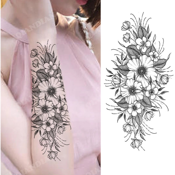 Black Flower Temporary Tattoos Sticker Arm Sleeve Rose Moon Butterfly Snake Henna Body Decorate Realistic Fake 3D Women Totem