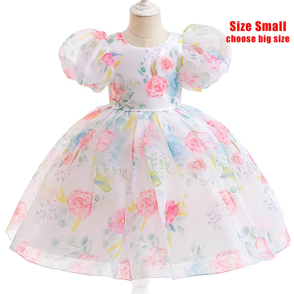 Fashion Girl White Princess Dress Tulle Puff Sleeve Wedding Party Kids Dresses for Girls Birthday Child Clothes Bridesmaid Gown