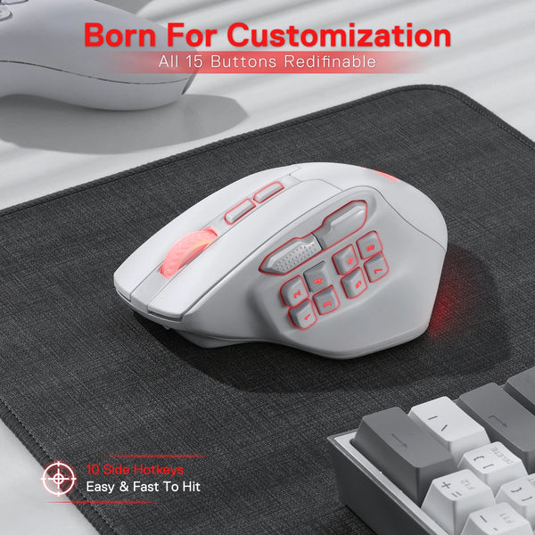 Redragon M811 PRO Wireless MMO Gaming Mouse, 15 Programmable Buttons RGB Gamer Mouse, 10 Side Macro Keys