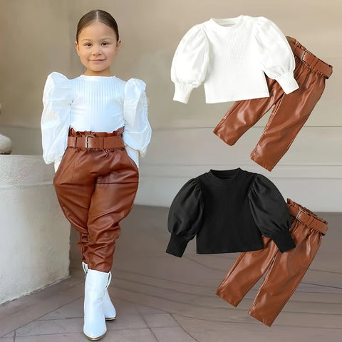 Kids Girls Clothing Set Long Puff Sleeve Ribbed Blouse Tops+PU Leather Pants with Belt 2pcs For Girls' Clothing Size 1 2 3 4 5 6