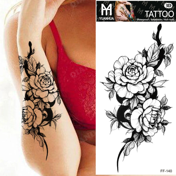 Black Flower Temporary Tattoos Sticker Arm Sleeve Rose Moon Butterfly Snake Henna Body Decorate Realistic Fake 3D Women Totem