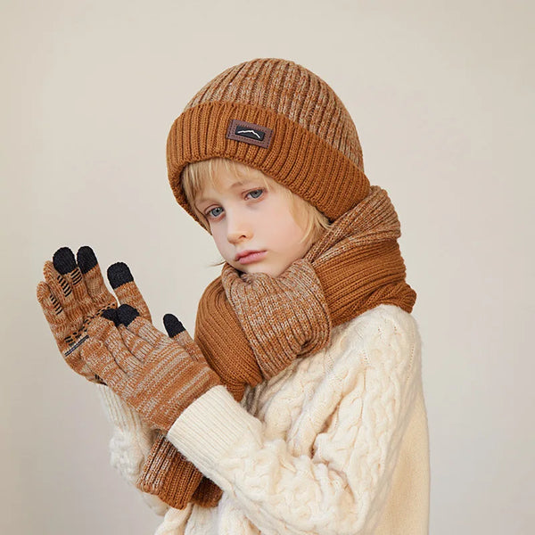 3Pcs/set Winter Kids Hat Scarf Gloves Toddler Bonnet Plush Knitted Infant Hats Outdoor Children Warm Sets Accessories 4-10Y