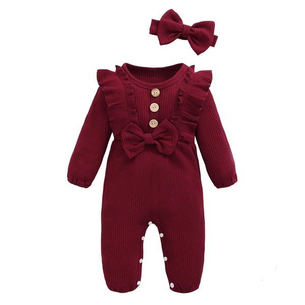 Newborn Baby Girl Romper Long Sleeved Ruffle Bodysuit with Headband Autumn & Winter Onesie Outfit Clothing for Baby 0-18 Months