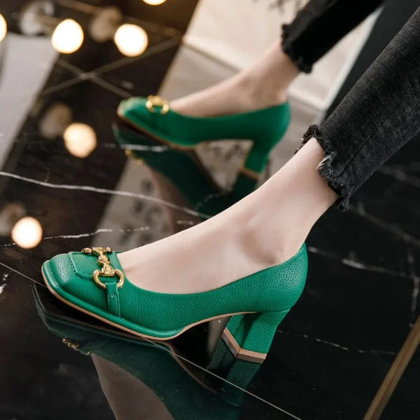 Women's Mid-heel 5.5CM 2024 Summer French Style Back Empty Female Thick Heel Square Toe Mary Jane Shoes Black Green Talon Femme