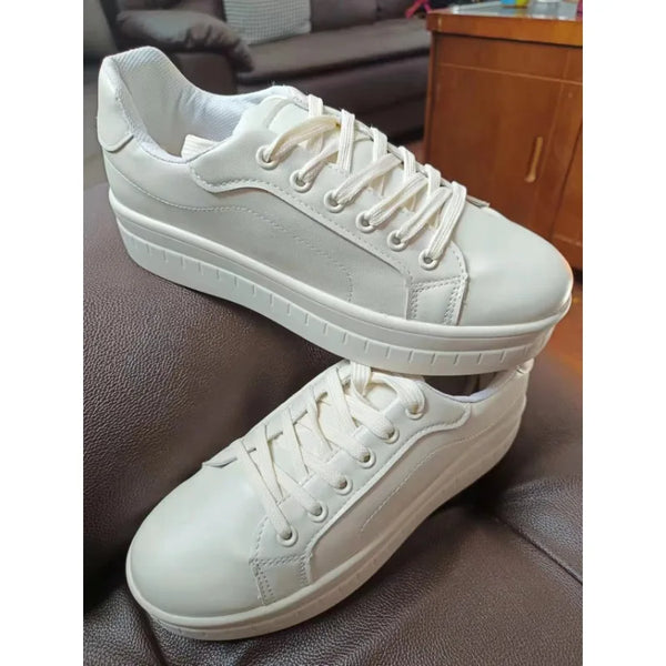 2024 Women Sneakers Solid Color Pu White Shoes Skateboard Height Increased Platform Vulcanized Casual Winter Lady Lace-Up Flats