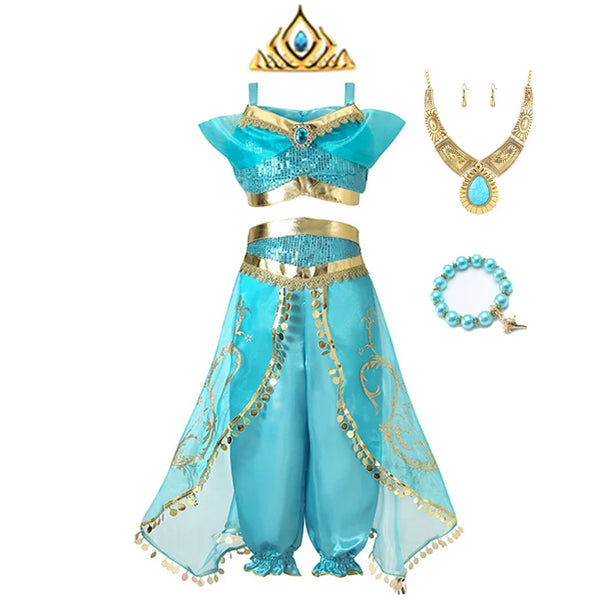 Jasmine Princess Dress for Girls Birthday Party Carnival Cosplay Aladdin Magic Lamp Costume Kids Vestidos Set Outfits Clothing