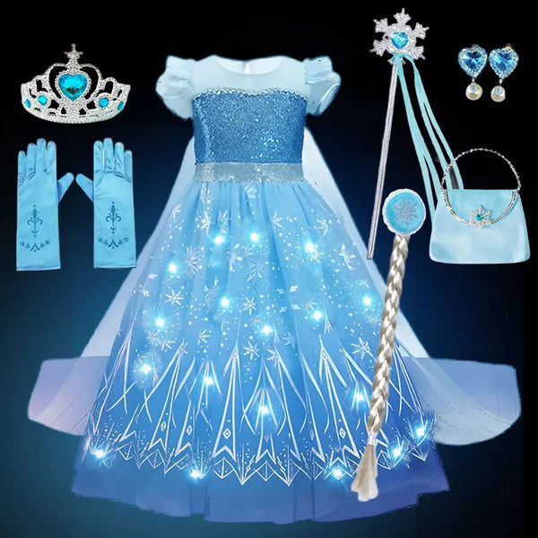 2024 Stunning Frozen Elsa Dress with LED Light Girls Role Play Princess Apparel Toddler Snow Queen Light up Disney Fairy Elsa