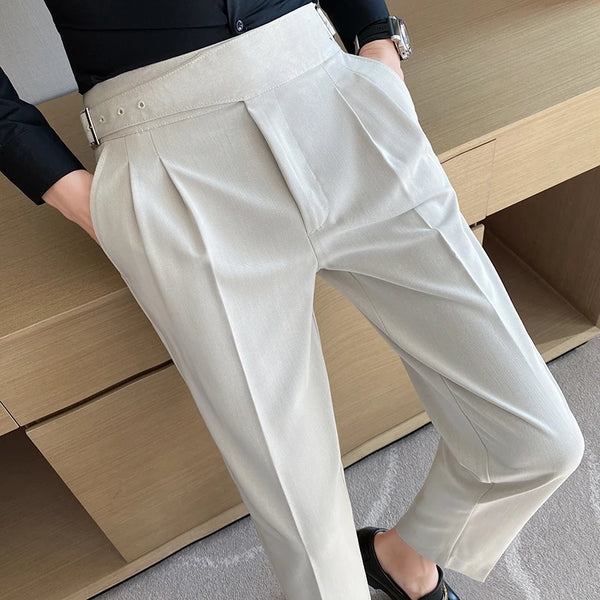 British Style Men High Waist Casual Dress Pant Men Belt Design Slim Trousers Formal Office Social Wedding Party Dress Suit Pants