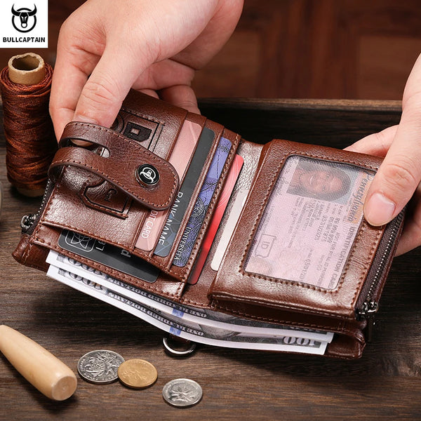 BULLCAPTAIN Men's Genuine Leather Wallet Business Retro Snap Wallet Multifunctional RFID Anti-Theft Zipper Multi-Card Coin Purse