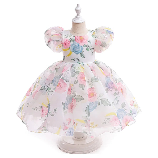 Fashion Girl White Princess Dress Tulle Puff Sleeve Wedding Party Kids Dresses for Girls Birthday Child Clothes Bridesmaid Gown