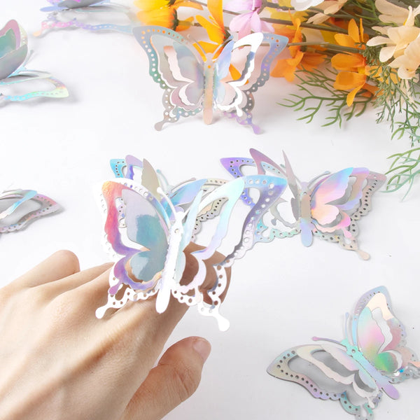 12/24pcs 3D Laser Butterfly Wall Sticker Wedding Wall Window Decal Summer Butterfly Birthday Party DIY Party Sticker Home Decor