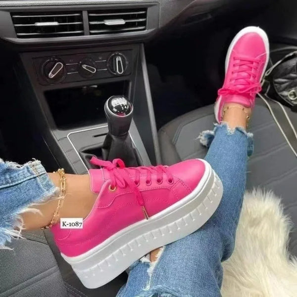 2024 Women Sneakers Solid Color Pu White Shoes Skateboard Height Increased Platform Vulcanized Casual Winter Lady Lace-Up Flats