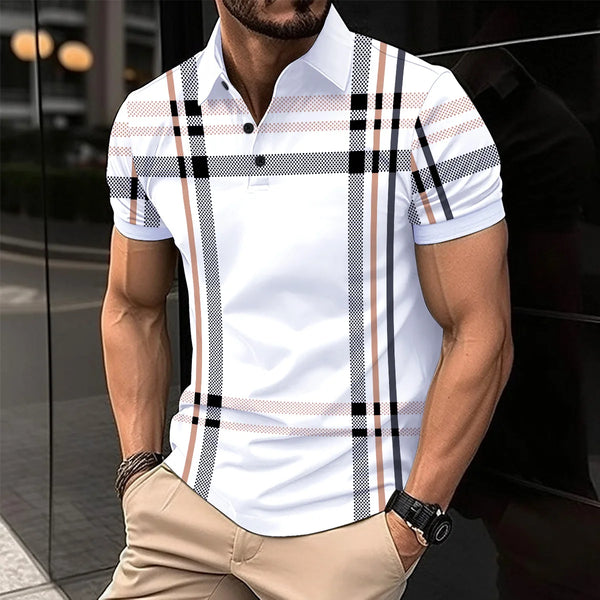 2025 The latest explosive men's lapel quick-drying short-sleeved fashion digital print striped Polo loose shirt