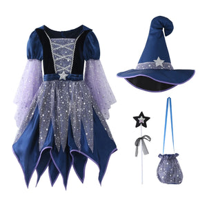 4 Pieces Dress Set Evil Villain Apparel Halloween Ugly Hag Witch Costume Role Play Pretend Girls Wizard Gown with Hat +Bag+Wand