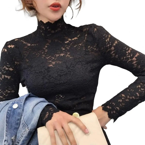 Sexy Women Long Sleeve Lace Blouses High Collar Inner Wear Lace Crochet Shirt Base Tunic Top Perspective Vintage Bottom Blouse