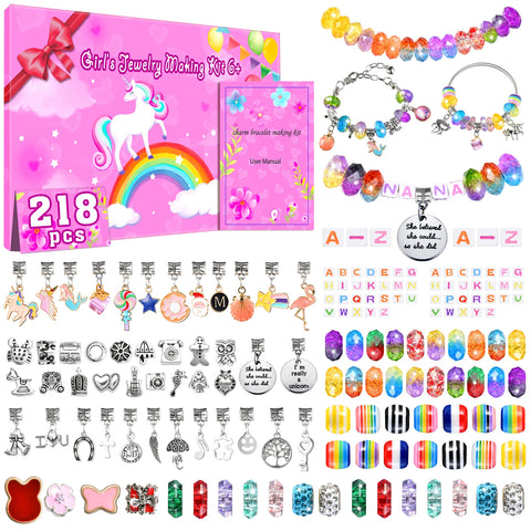 218 Pcs DIY Girls Charm Bracelet Necklaces Making Kit for Kids Jewelry Unicorn Supplies Make Creativity Art Craft Set