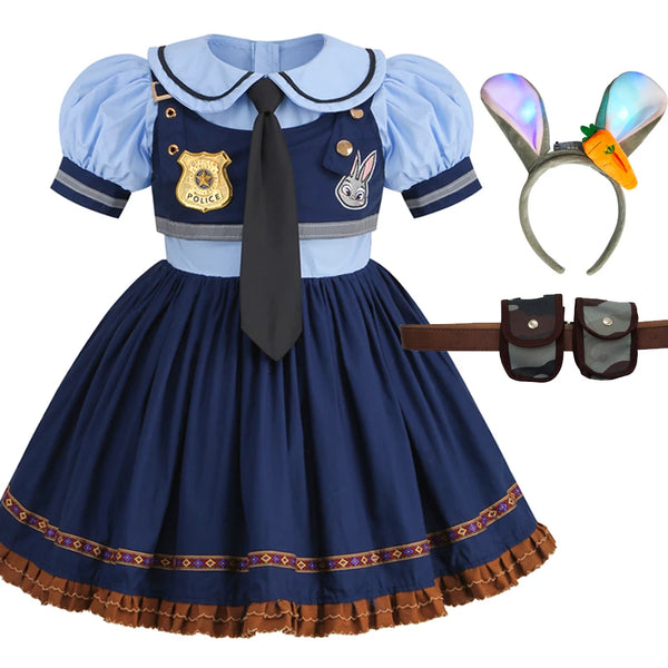 Movie Zootropolis Judy Cosplay Costume Kid Dress Tie Headdress Belt Socks Set Girl Police Role Play Uniform Christmas Party Gift