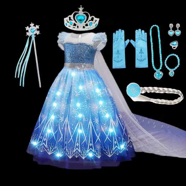 Disney Elsa Role Playing Dress Light Up Kids Halloween Frozen Carnival Apparel Girls Birthday Elsa Princess Glowing Vestidos