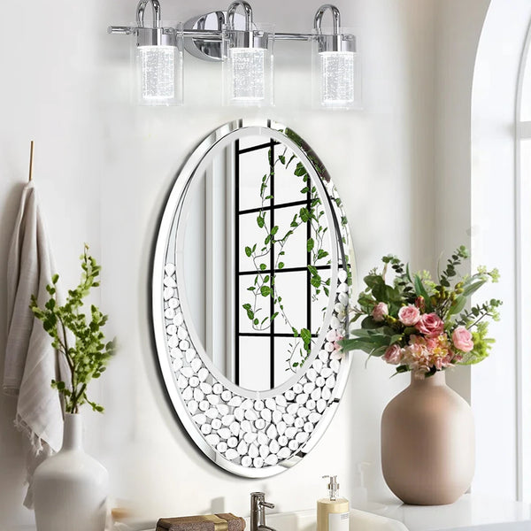 60x105CM Modern Oval Wall Mirror with Bling Effect Silver Venetian Accent Mirror for Hallway Bathroom Decor