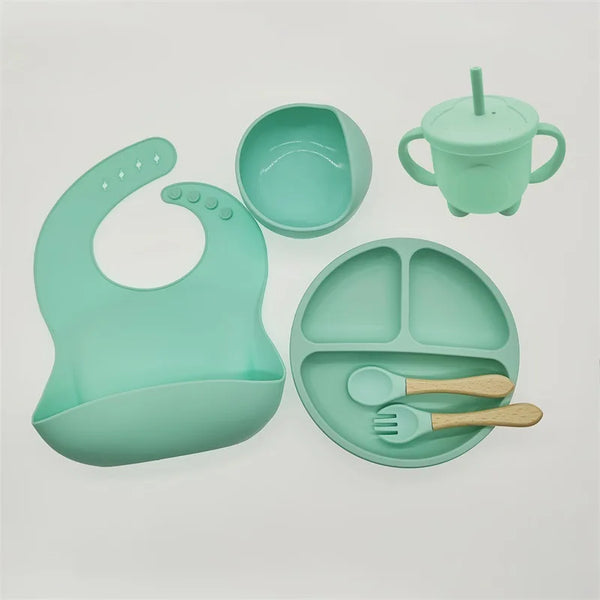 Children's Dishes Set Baby Silicone 6/8-piece Tableware Set Suction Cups Forks Spoons Bibs Straws Cups Mother and Baby Supplies