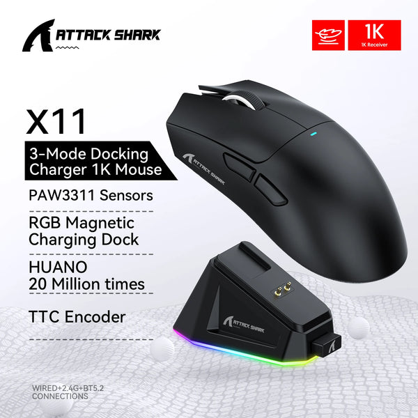 Attack Shark X11  Bluetooth Wireless Mouse Three Mode 2.4G PAW3311  RGB  PC Magnetic charging dock ,Gaming E-sports Mouse