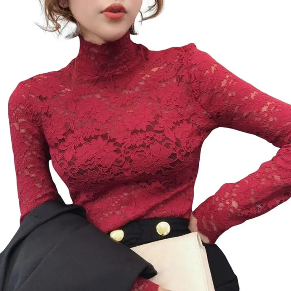 Sexy Women Long Sleeve Lace Blouses High Collar Inner Wear Lace Crochet Shirt Base Tunic Top Perspective Vintage Bottom Blouse