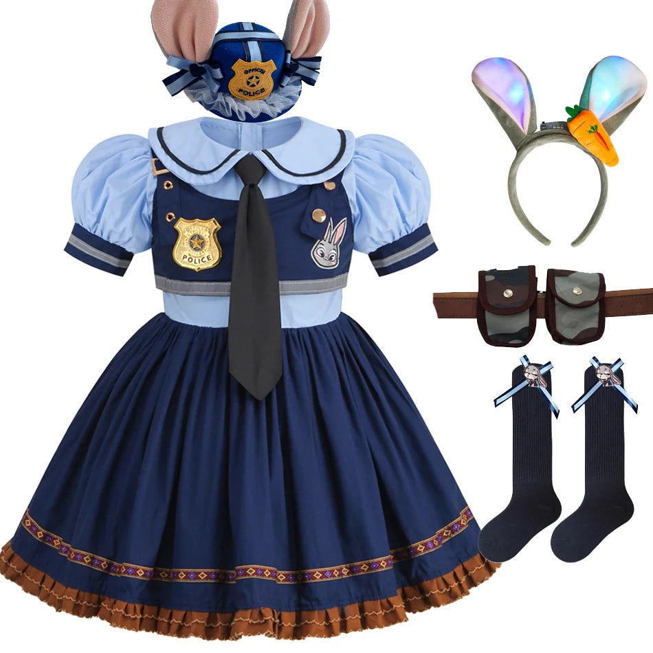 Movie Zootropolis Judy Cosplay Costume Kid Dress Tie Headdress Belt Socks Set Girl Police Role Play Uniform Christmas Party Gift